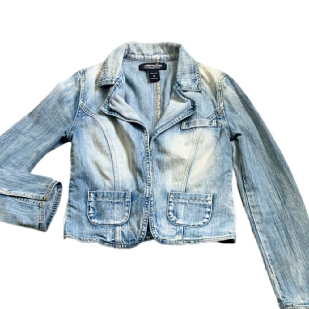 VTG London Jean Cropped Denim Blazer-Jacket Blue Stonewash XS #36K‎